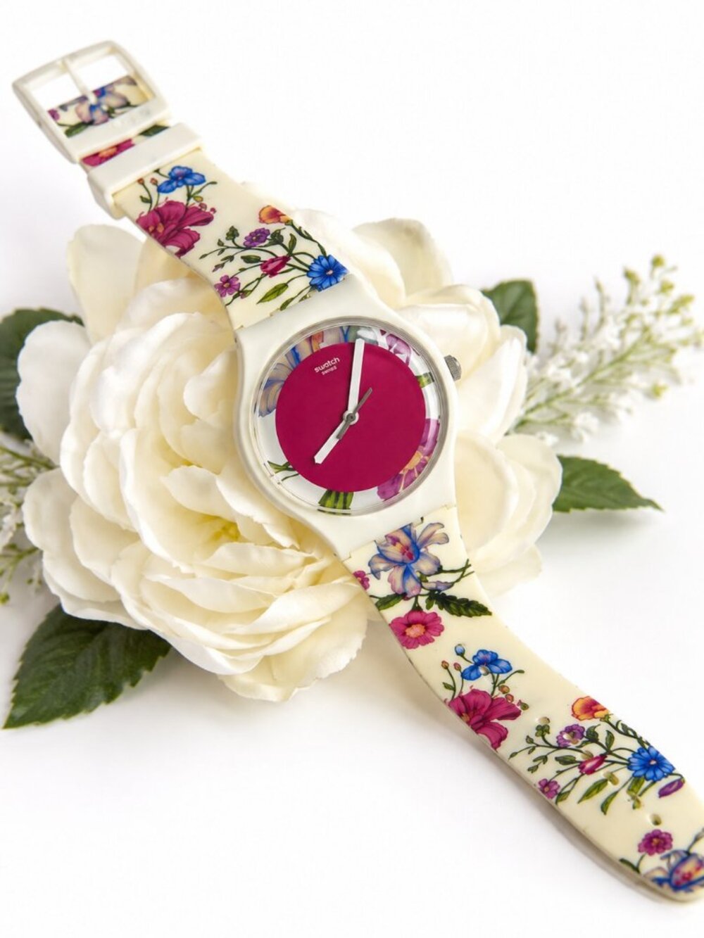 Vintage Swatch Gent Floral Watch Pink Dial White Band Swiss Made Original Case